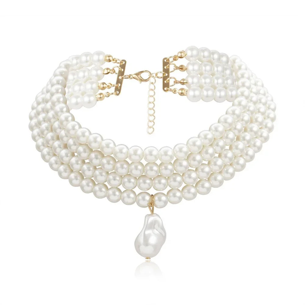 luckacco fashion vintage multilevel imitation pearl choker chain necklace for women female boho baroque geometry pendant jewelry gift