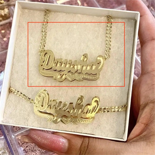 Luckacco 18K Gold Plated Nameplate Necklace Personalized Double Layer 3D Necklaces With Heart Customized Name Stainless Steel Jewelry Necklaces Style1