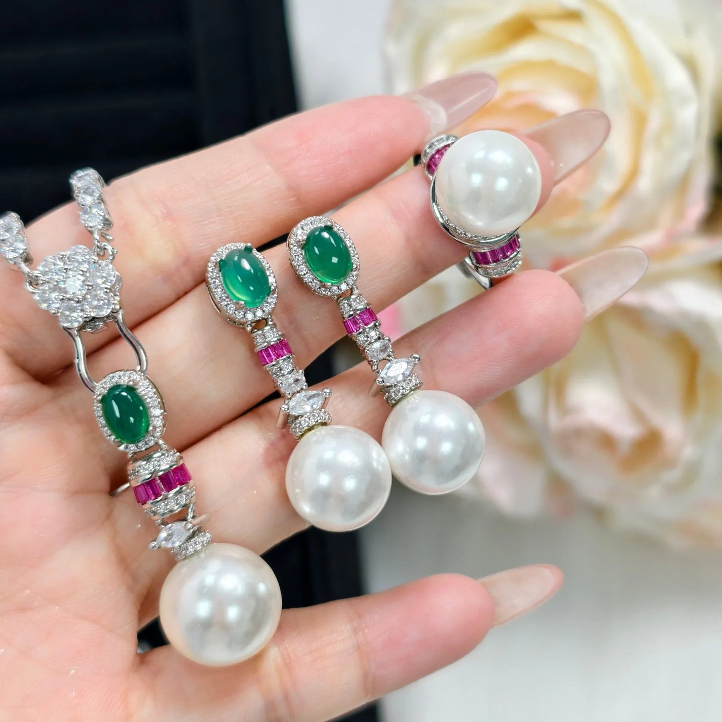 luckacco valuable lab jade diamond jewelry set 925 sterling silver engagement wedding rings earrings necklace for women bridal party gift