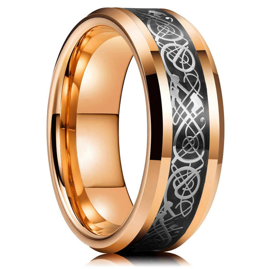 Luckacco Fashion 8mm Black Tungsten Wedding Celtic Dragon Rings Inlaid Blue Zircon Stainless Steel Rings for Men Blue Carbon Fibre Ring