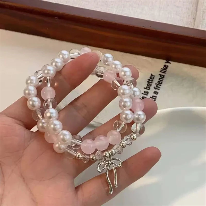 luckacco cute pink beaded imitation pearl bracelet for women girl elegant y2k sweet korean charm bowknot bow jewelry party gifts