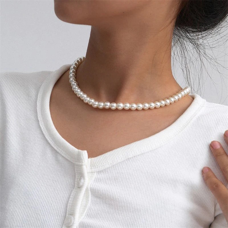 luckacco fashion elegant white imitation pearl chokers necklace for women men wedding banquet necklaces vintage handmade jewelry gift