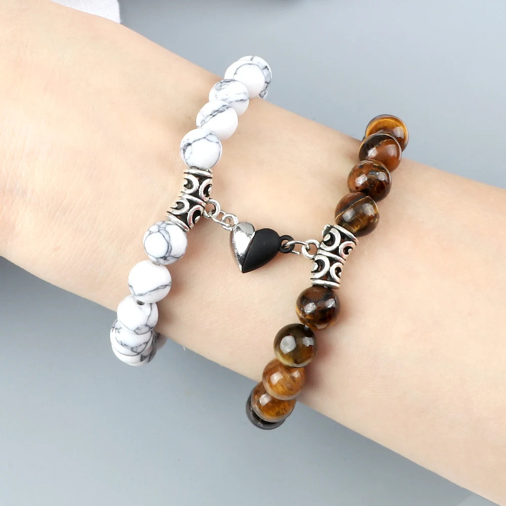 luckacco 2pcs/set natural stone beaded bracelet for lovers distance heart magnet buckle couple bracelets friendship fashion jewelry gifts