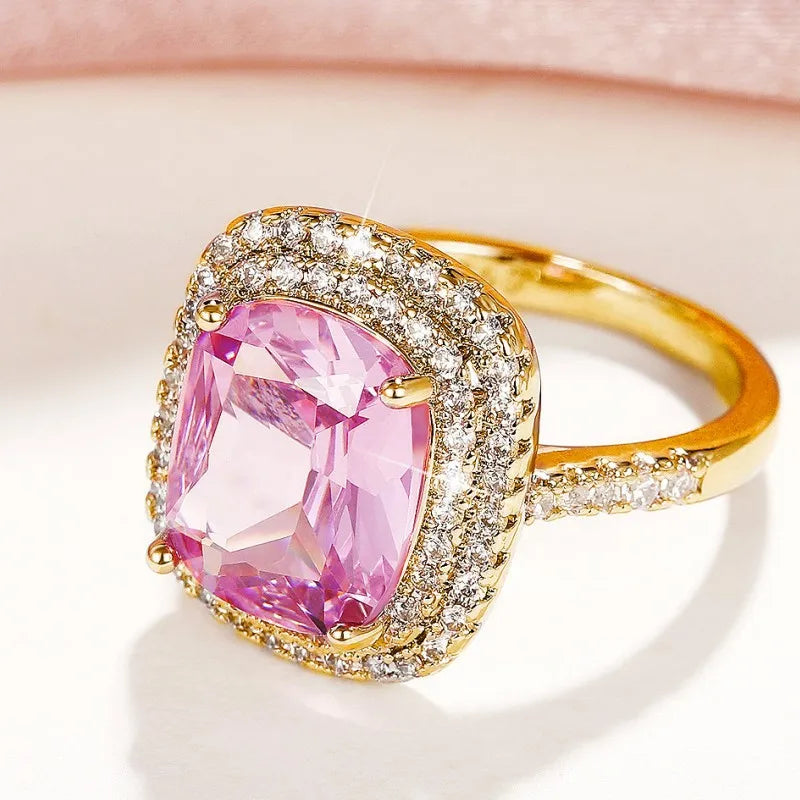 luckacco pink cubic zirconia ring suitable for women's engagement wedding luxury accessories sparkling silver fashion jewelry