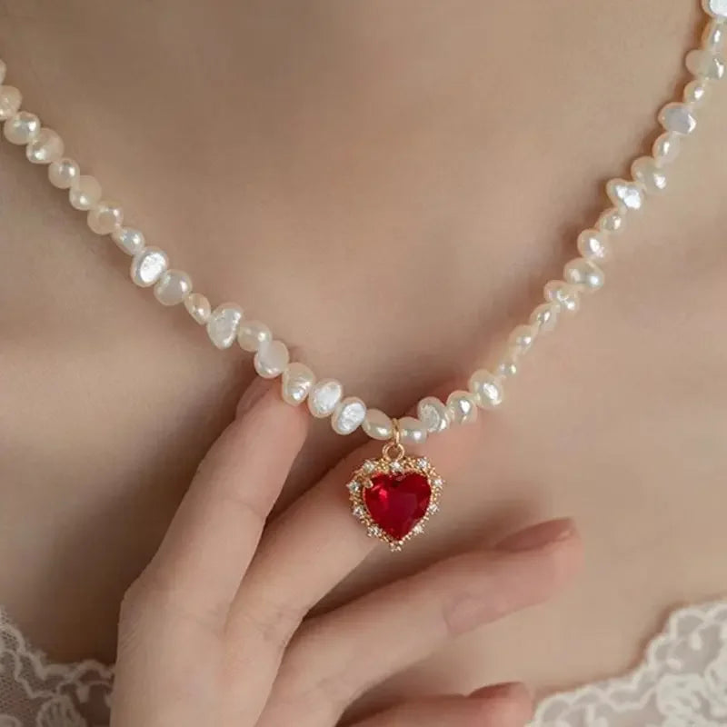 luckacco hot sale irregular freshwater pearl red cz zircon heart pendant necklaces for women 14k real gold plated copper choker