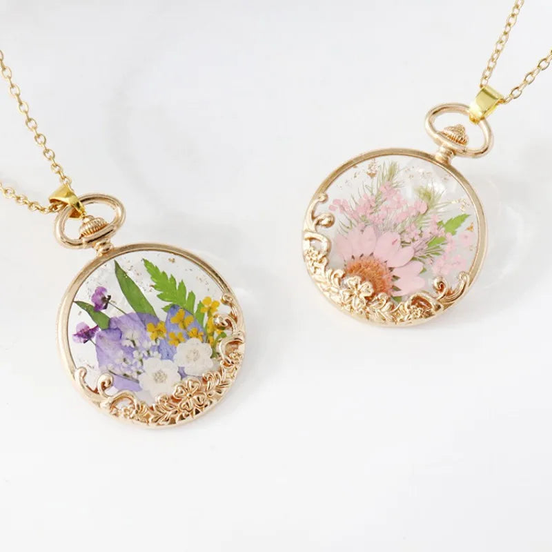 luckacco elegant dried flower charm necklace handmaking epoxy resin flowers necklace unique plant design series chain necklace