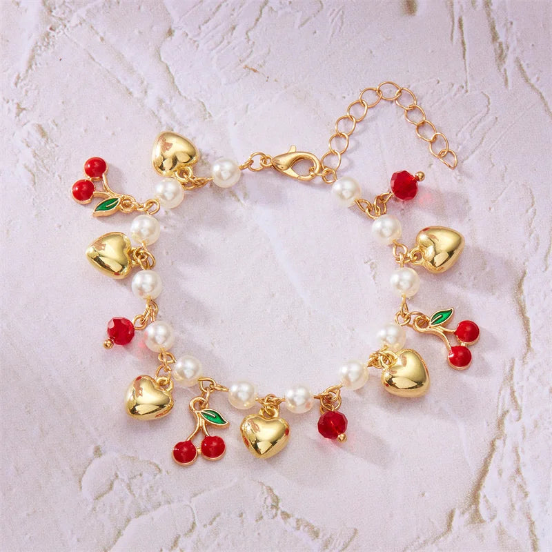 luckacco sweet cute red strawberry cherry heart pearl charm bracelet new fashion y2k fruit gold color chain jewelry party gifts 2025