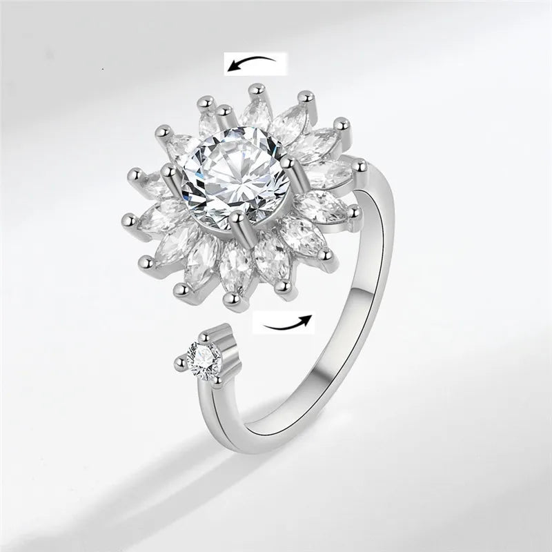 luckacco fashion fidget spinner ring anxiety for women multiple crystal sunflower finger rings rotate anti stress jewelry wedding gift