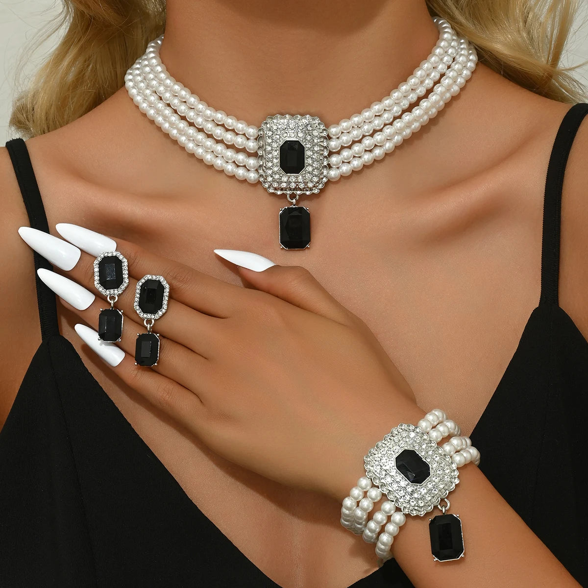 luckacco women's fashion light luxury short style imitation pearl rhinestone necklace earrings bracelet jewelry set party festival gift