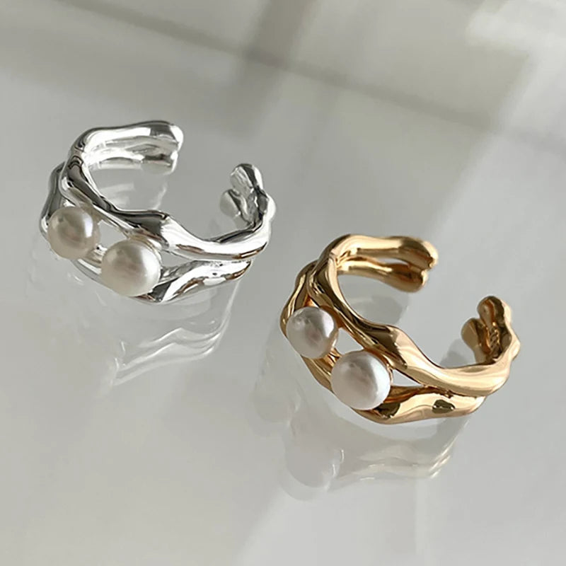 luckacco foxanry silver color pearl rings for women new fashion simple double-layered geometric handmade party jewelry gifts серьга
