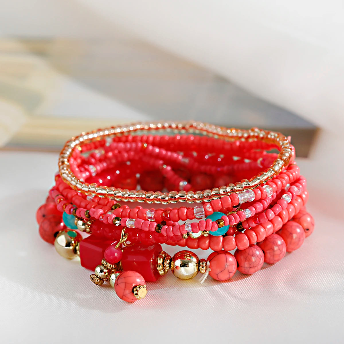 luckacco bohemian red charm beads multilayer bracelets & bangles for women handmade turquoises beads bracelet femme boho jewelry