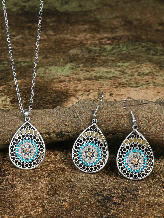 Luckacco Ethnic Feng Shui Droplet Hollow Colored Glazed Earrings for Women Bohemian Vacation Short Necklace Jewelry Set