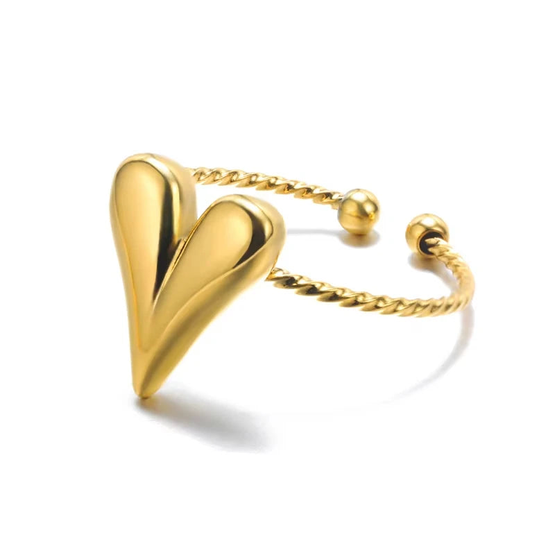 luckacco double heart rings for women gold color stainless steel open adjustable ring female fashion party wedding aesthetic jewelry gift