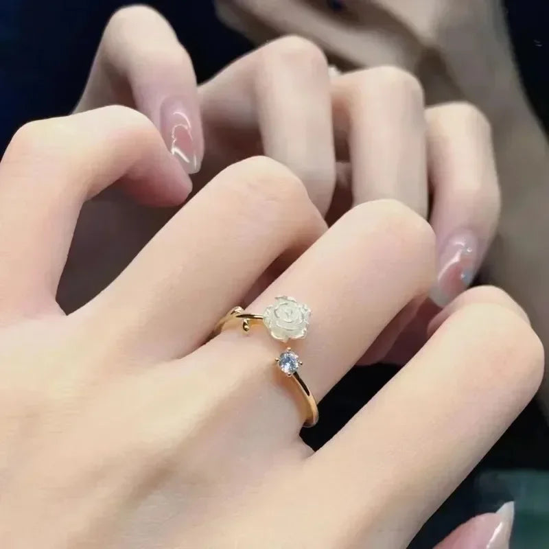 luckacco new trend luxury rings for women gold plated stainless steel rose ring fashion aesthetic jewelry temperament anillos mujer