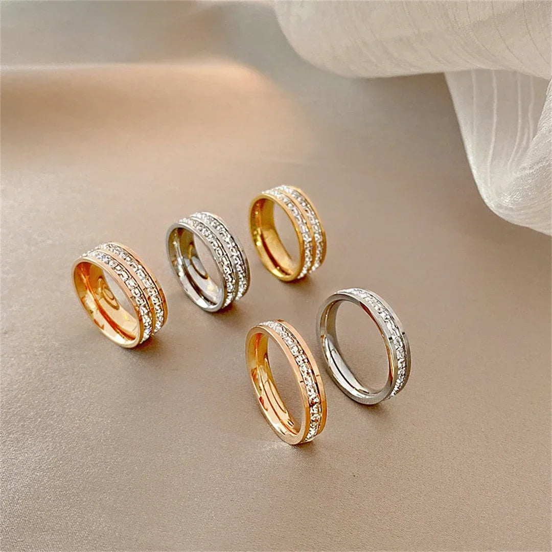 luckacco luxury rose gold double rowed square zircon stainless steel ring women's romantic engagement wedding party jewelry women gift