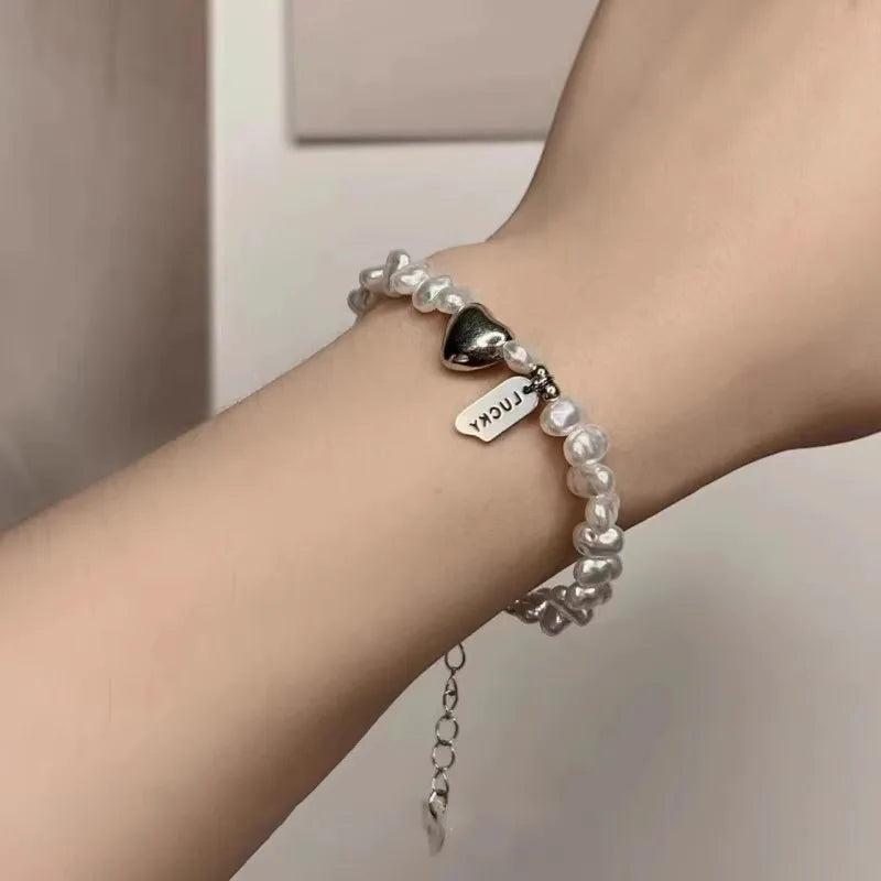 luckacco vintage creativity irregular baroque imitation pearl heart shape beading bracelets for women fashion accessories lucky tag gifts