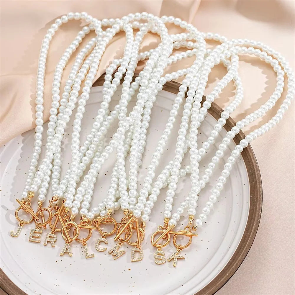 luckacco plastic pearl chain obuckle necklace set with crystal  26 letter pendant collarbone chain name necklace