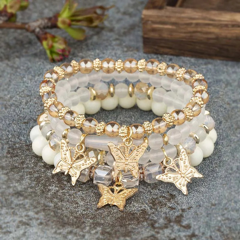 luckacco 4pcs bohemian butterfly charm bracelet set for women crystal beads chain bangle female fashion party jewelry gift