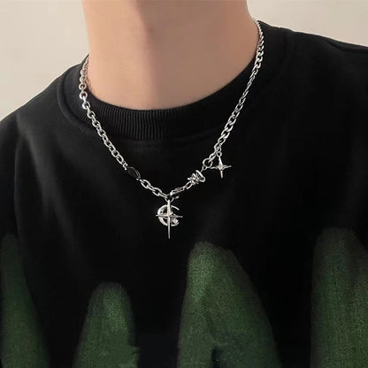 Luckacco JWER New Y2K Cuban Figaro Chain Star Moon Pendant Necklace Men Punk Black Zircon Chain Choker Necklace For Men Jewelry Gifts