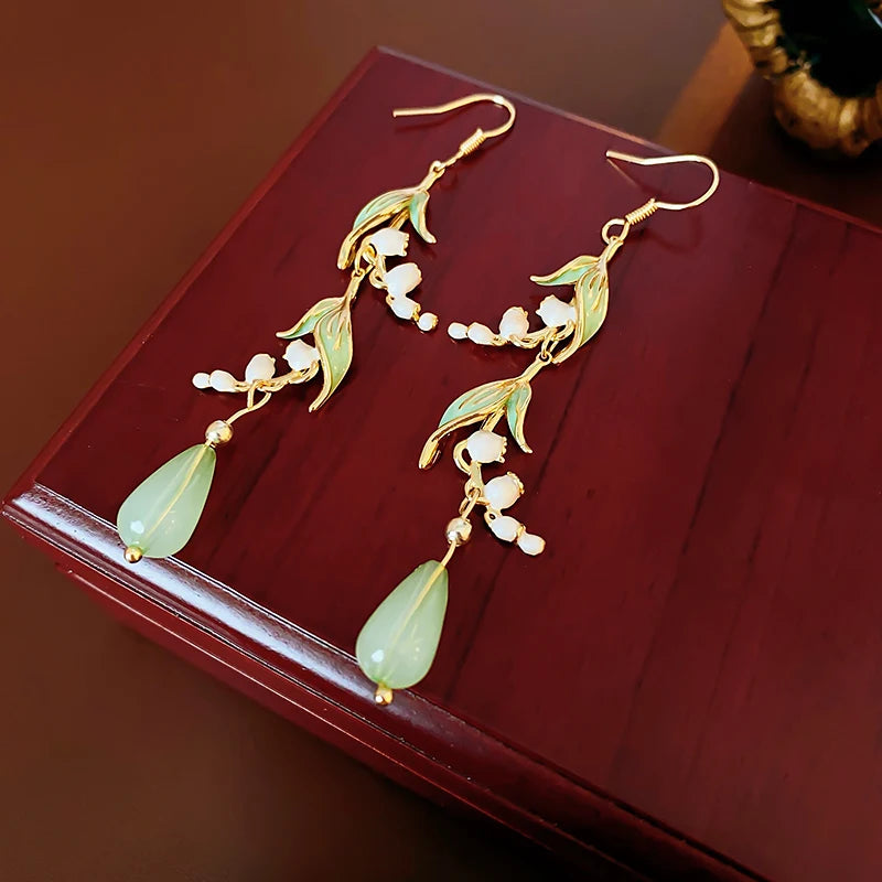luckacco lily of the valley leaf water drop resin dangle earrings for women partysu new in earring hook vintage fashion cheongsam jewelr