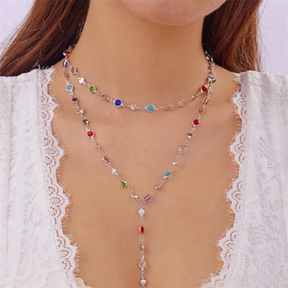 Luckacco Trendy Gold Silver Color Glass Long Y-Shaped Necklace Metal Collarbone Chain Summer Holiday Party Bohemian Body Jewelry Gifts