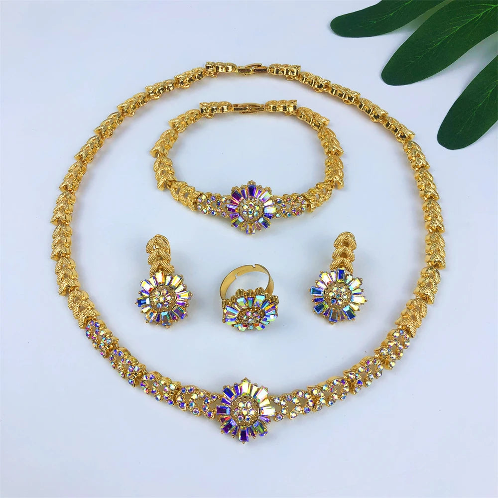 luckacco titi africal gold color jewelry set sparkly prom jewellery design necklace bracelet earrings ring dubai bridal wedding gifts