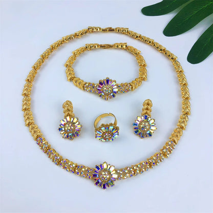 Luckacco TITI Africal Gold Color Jewelry Set Sparkly Prom Jewellery Design Necklace Bracelet Earrings Ring Dubai Bridal Wedding Gifts