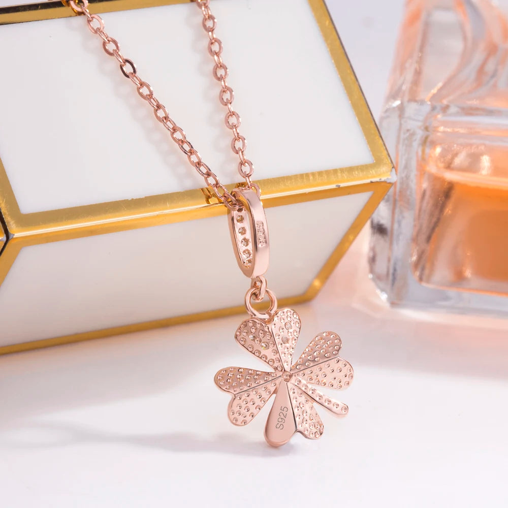 luckacco vintage elegant flower & four-leaf clover pendant necklace for women shiny zircon 925 sterling silver clavicle chain jewelry