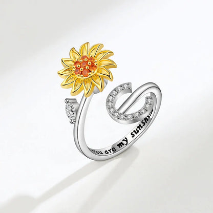 Luckacco Rotating Sunflower Initial Letter Rings For Women Anti Anxiety Spinner You Are My Sunshine Stainless Steel Ring Birthday Jewelry