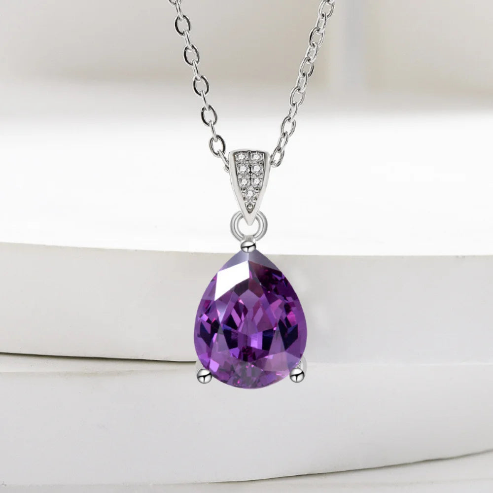 luckacco 925 sterling silver jewelry set inlaid with simulated amethyst zircon, teardrop necklace earrings ring women's elegant jewelry