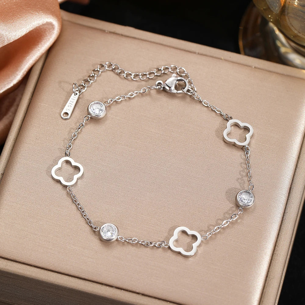 luckacco stainless steel lucky hollow clover crystal zirconia bracelet simple and generous design wrist jewelry for women's daily wear