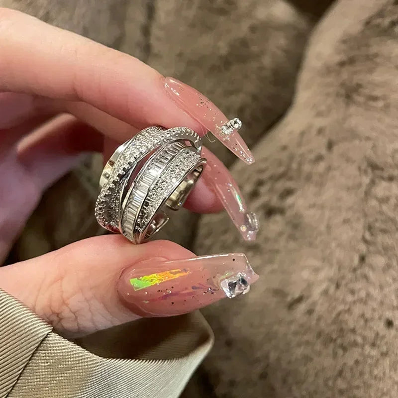 luckacco 2024 silver color rhinestone ring multi-layer winding rings for women wedding full zircon finger rings fashion jewelry gifts