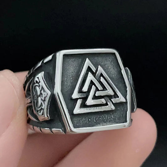 Luckacco Vintage Nordic Viking Ring Stainless Steel Men Ethnic Belief Odin Compass Valknut Tree of Life Ring Amulet Jewelry