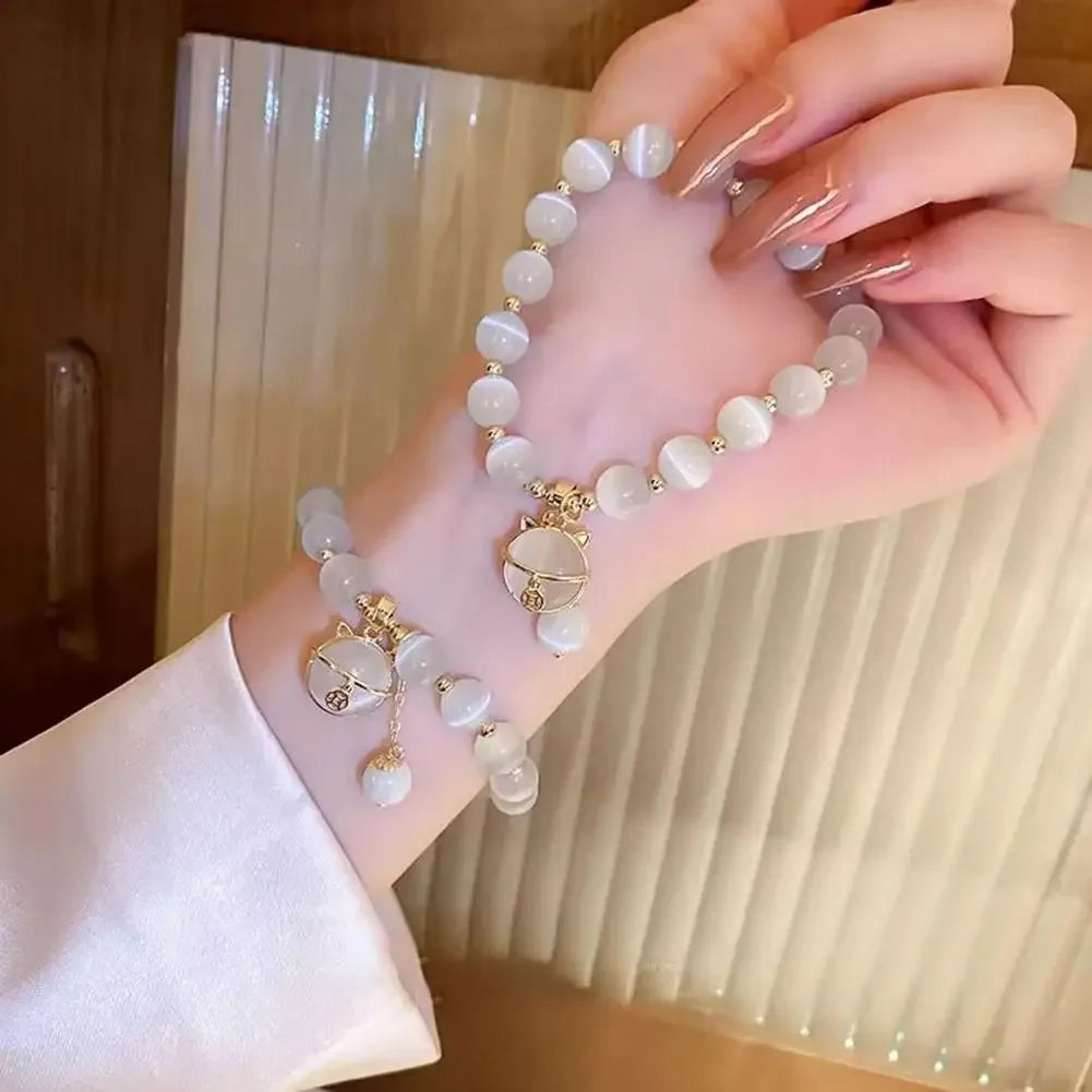 luckacco exquisite opal beaded bracelet for women elegant lucky cat pendant adjustable bracelets fashion friendship jewelry gifts