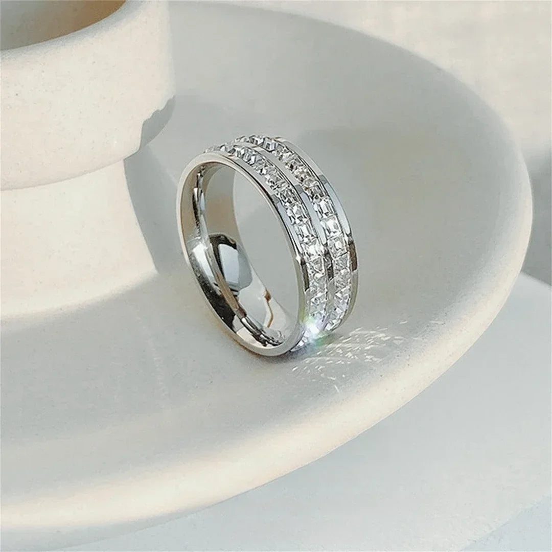 luckacco luxury rose gold double rowed square zircon stainless steel ring women's romantic engagement wedding party jewelry women gift