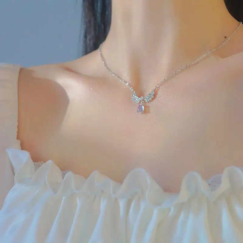 luckacco light luxury angel wings pendant necklace ladies fashion exquisite moonstone collarbone necklace delicate wedding jewelry