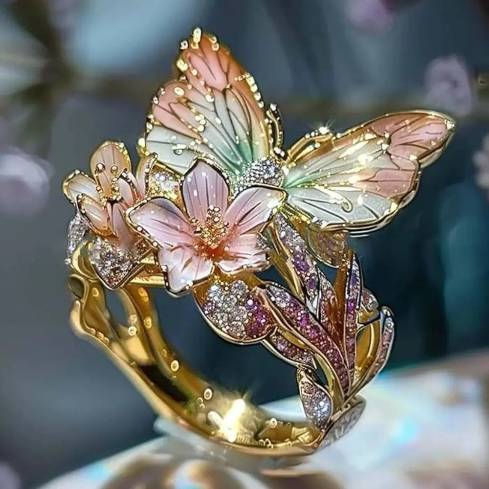 luckacco aesthetic flower butterfly rings for female romantic rhinestone stylish non-fading opening ring women wedding jewelry party gift