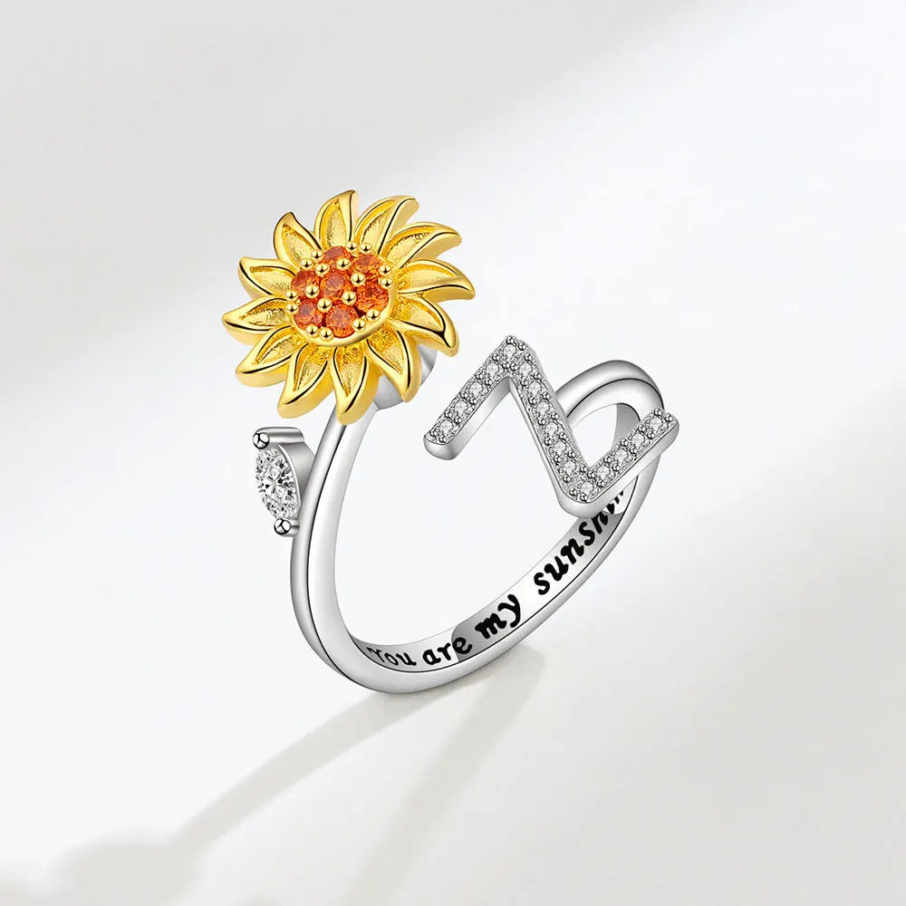luckacco rotating sunflower initial letter rings for women anti anxiety spinner you are my sunshine stainless steel ring birthday jewelry