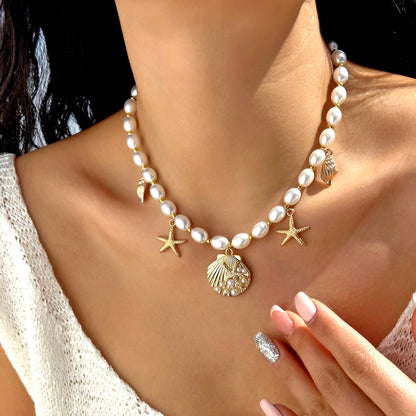Luckacco Trendy Boho Imitation Pearl Metal Necklace Pendant for Women Ocean Shell Starfish Conch Choker Necklace Beach Jewelry Gift