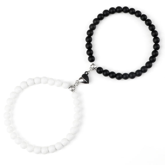 Luckacco 2Pcs/Set Sliver Black Color Magnet Pendant Bracelets 6MM 8MM White Porcelain Black Line Beads Couple Bracelet Jewelry Gift New
