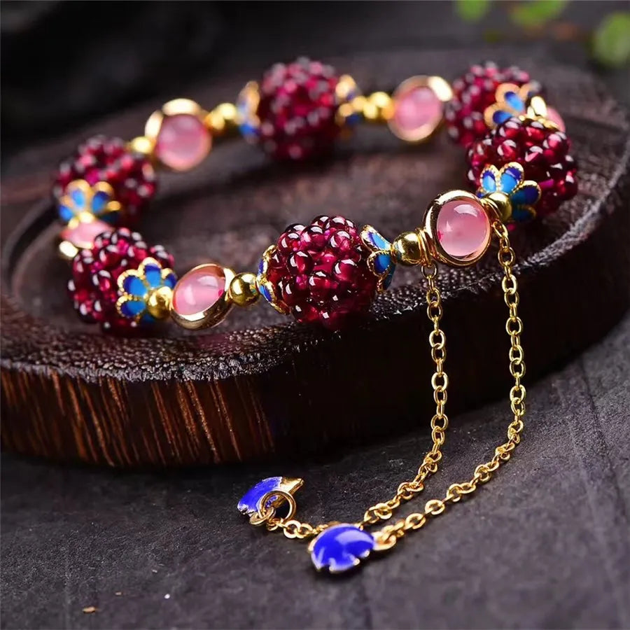 luckacco ethnic cute natural garnet strand bracelets multicolor hand-knitted pomegranate crystal charming bracelet fine jewelry for women