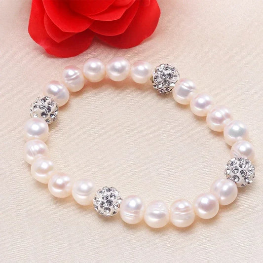 Luckacco HENGSHENG New Arrival White 8-9mm Baroque Natural Freshwater Pearl Strand Bracelet For Women,Fashion Bracelet Girl Birthday Gift