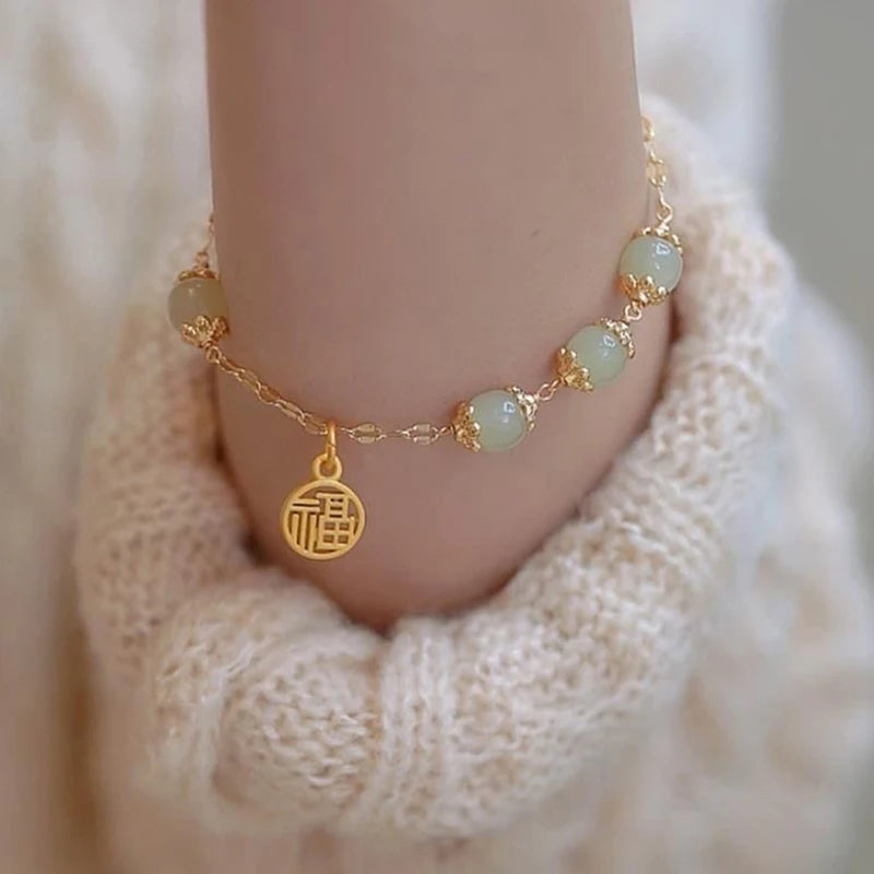 luckacco fu character lucky hetian jade antique bracelet creative all-match auspicious cute female temperamental fashion gifts femme