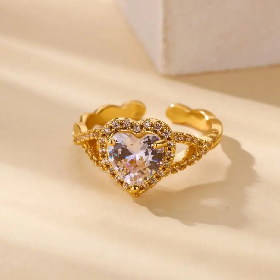 luckacco luxury zircon geometric rings for women gold color adjustable  stainless steel heart flower ring wedding fashion jewelry gift