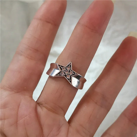 Luckacco Kpop Goth Punk Vintage Aesthetic Geometric Irregular Star Silver Color Ring For Women Egirl Grunge Y2K EMO Jewelry Accessories