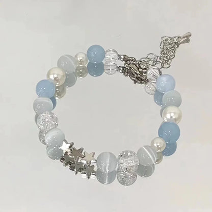 Luckacco Harajuku Pentagram Pearl Beaded Bracelets for Women 2023 Korean Aesthetic Cute Star Blue Glass Ball Bracelets Y2k Jewelry Gifts