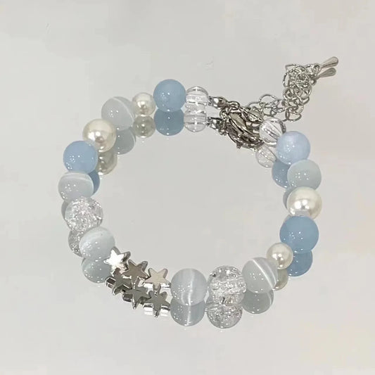 Luckacco Harajuku Pentagram Pearl Beaded Bracelets for Women 2023 Korean Aesthetic Cute Star Blue Glass Ball Bracelets Y2k Jewelry Gifts