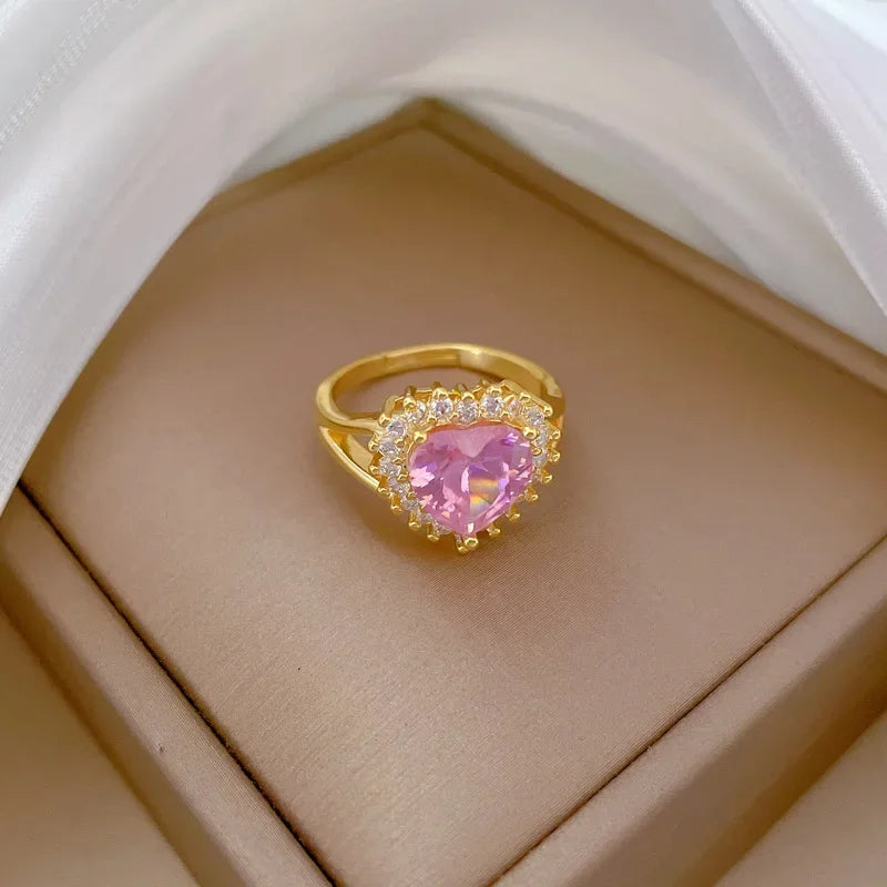 luckacco high quality pink heart crystal adjustable rings for women charm gold color stainless steel wedding bride jewelry gift colorfast