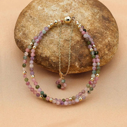 Luckacco 3MM Tourmaline Bracelets Double Layered Bohemian Colorful Crystal Beaded Bracelet Handmade Women Pulseira Fashion Jewelry