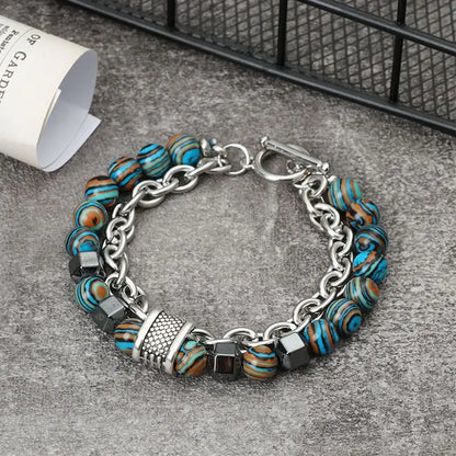 Luckacco 2Pcs/Set Natural Chakra Energy Stone Health Slimming Magnetic Therapy Men's Beaded Stainless Steel Bracelet Biomagnetic Bracelet